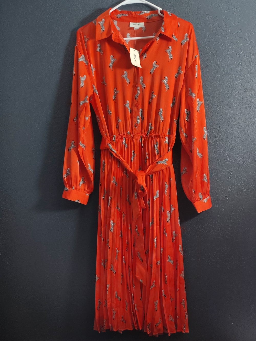Red Long-Sleeve playful  Zebra Printed Button Pleated Skirt Dress with Waist Tie